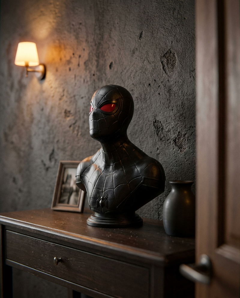 Spider-Man Black Suit handmade resin bust sculpture on dark espresso console — Archadia Decors pop culture collectible India