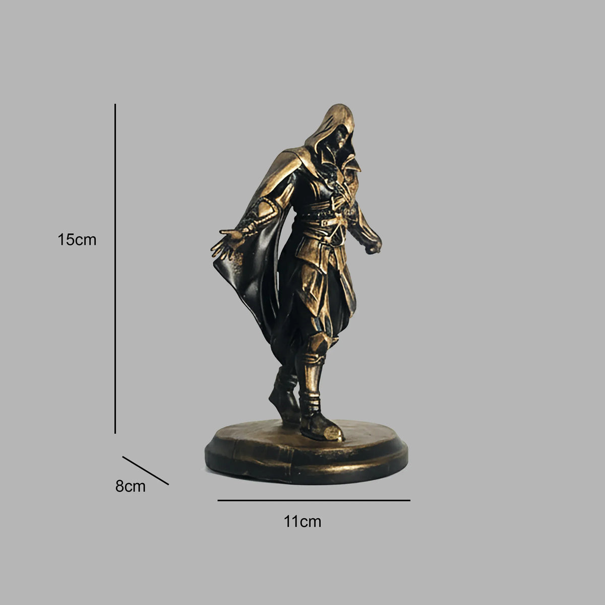 Bronze statue of a warrior with dimensions indicated on a gray background