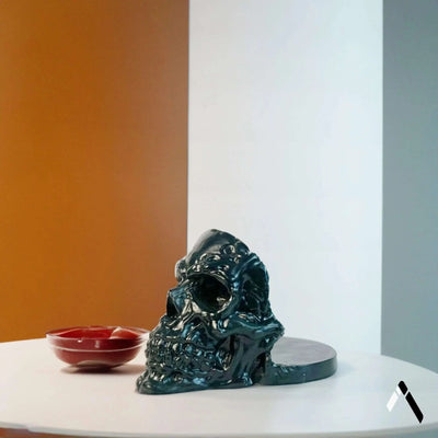 Skull Sculpture Teal Gloss Melted Texture Gothic Desk Art | Archadia