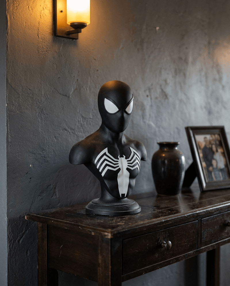 Spider-Man Black Suit bust sculpture on dark espresso console table — handmade pop culture sculpture India by Archadia Decors