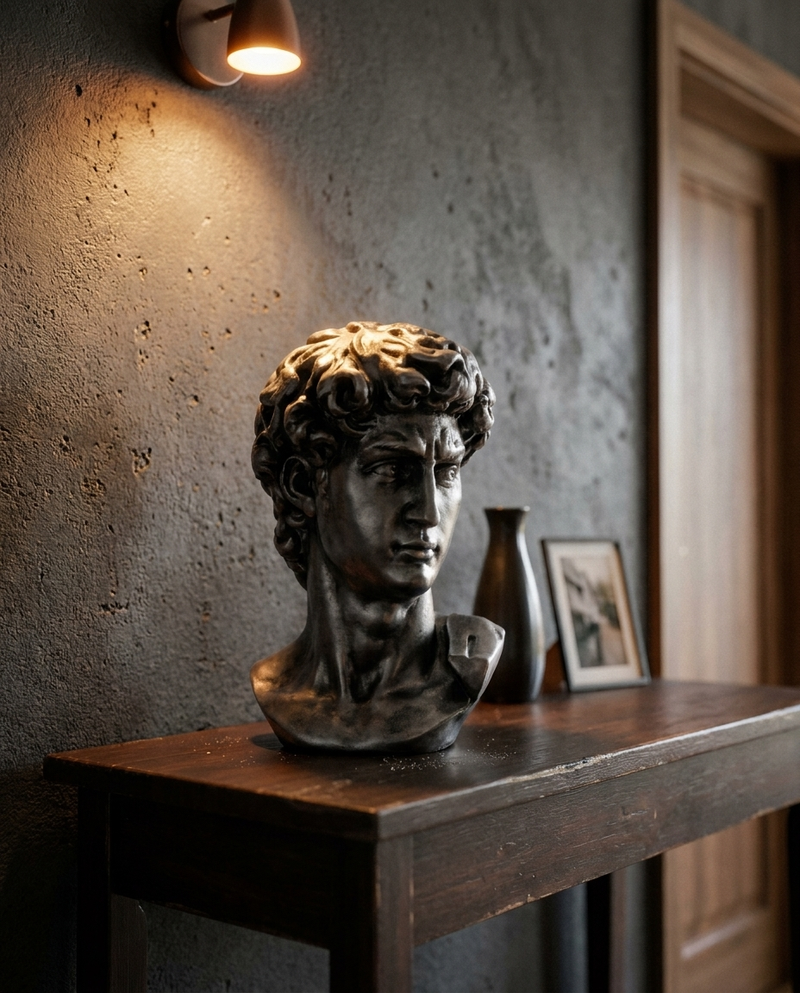 David Bust mythology sculpture on dark espresso console table — Archadia Decors handmade collectible