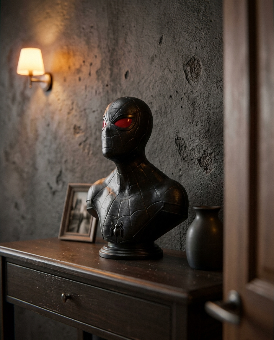 Spider-Man Black Suit handmade resin bust sculpture on dark espresso console — Archadia Decors pop culture collectible India