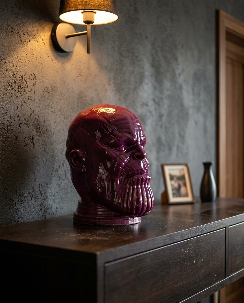 Thanos handmade pop culture sculpture India on dark espresso console — Archadia Decors collector lifestyle