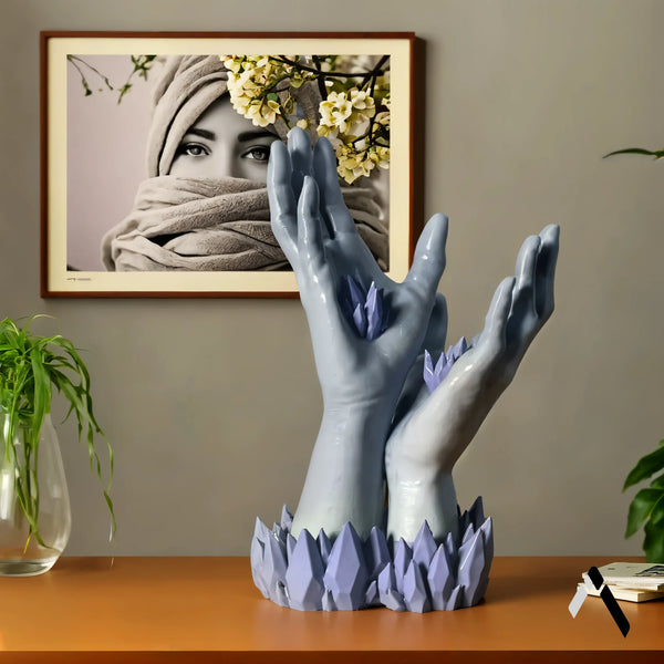 Crystal Hands Sculpture Periwinkle Blue Gloss Abstract — Statement Collectible India | Archadia Decors