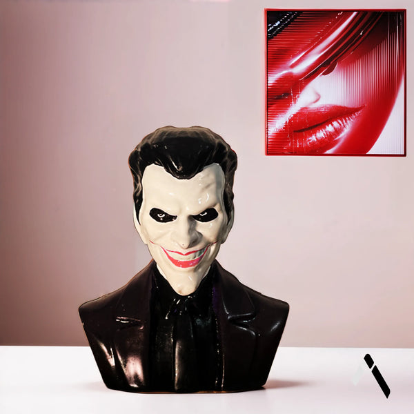 Bust wearing a mask with a red and black abstract painting in the background