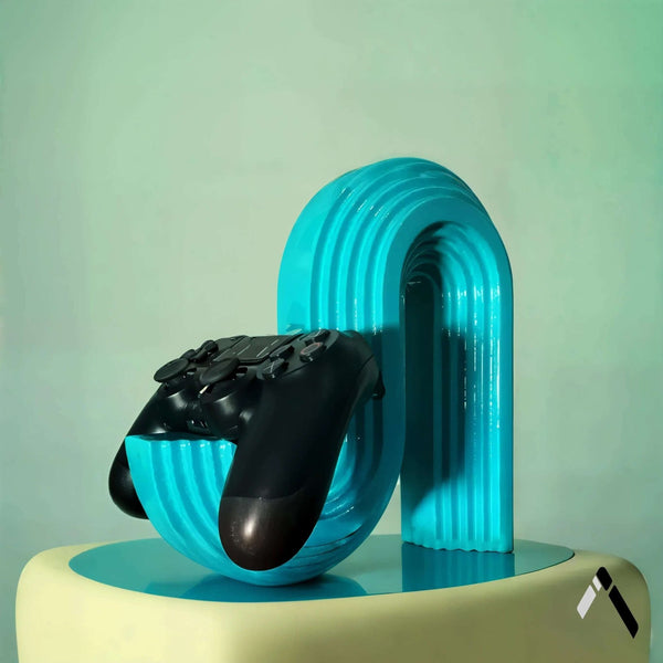 Abstract Arch Controller Stand Glossy Teal Ribbed — Gaming Desk Collectible India | Archadia Decors