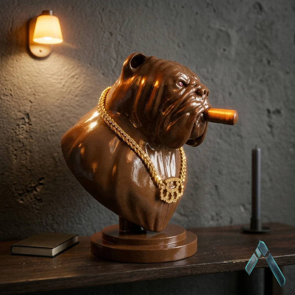 Bulldog Bust Sculpture Brown Gloss Chain Necklace Gangsta Art | Archadia