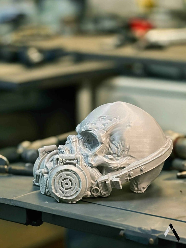 Skull Gas Mask Sculpture Raw Silver Industrial Dystopian Art | Archadia