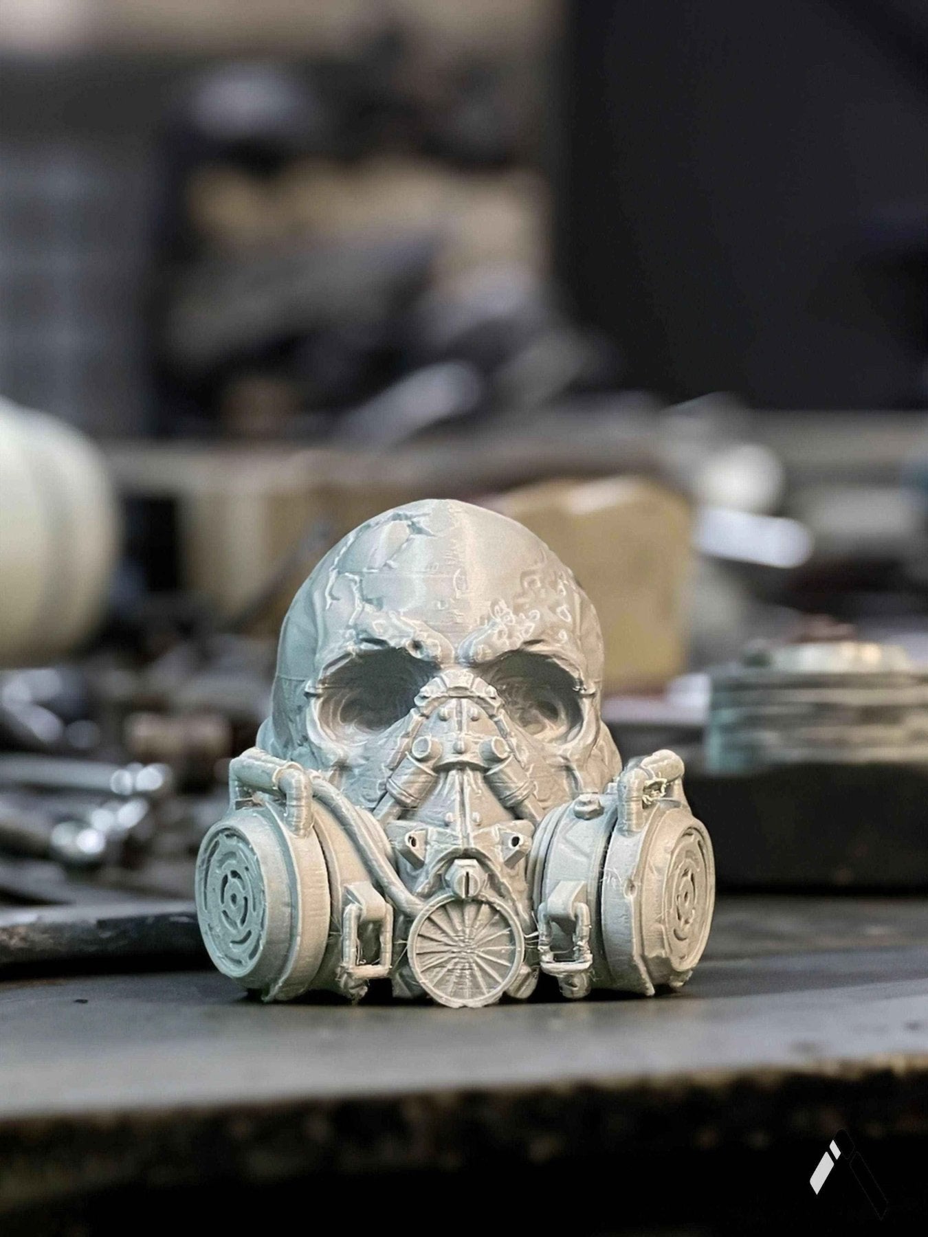Skull Gas Mask Sculpture Raw Silver Industrial Dystopian Art | Archadia