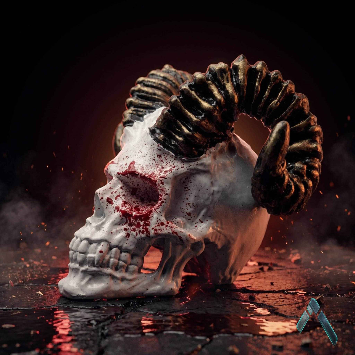 Demon Skull with Ram Horns Sculpture | Blood Splatter Finish | Dark Horror Collectible