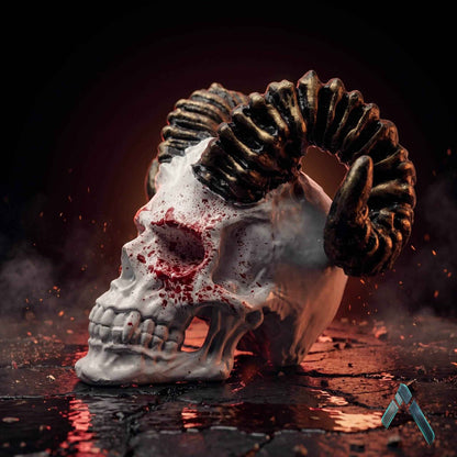 Demon Skull with Ram Horns Sculpture | Blood Splatter Finish | Dark Horror Collectible
