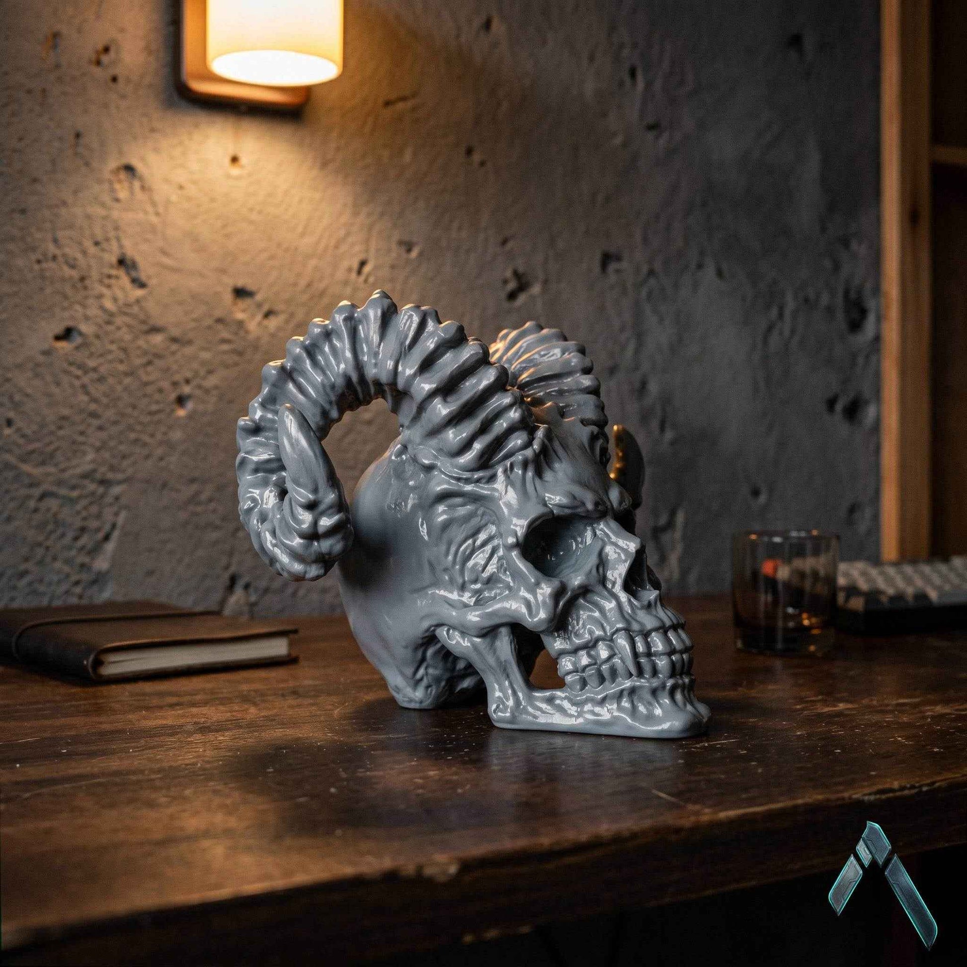Demon Skull with Ram Horns Sculpture | Blood Splatter Finish | Dark Horror Collectible