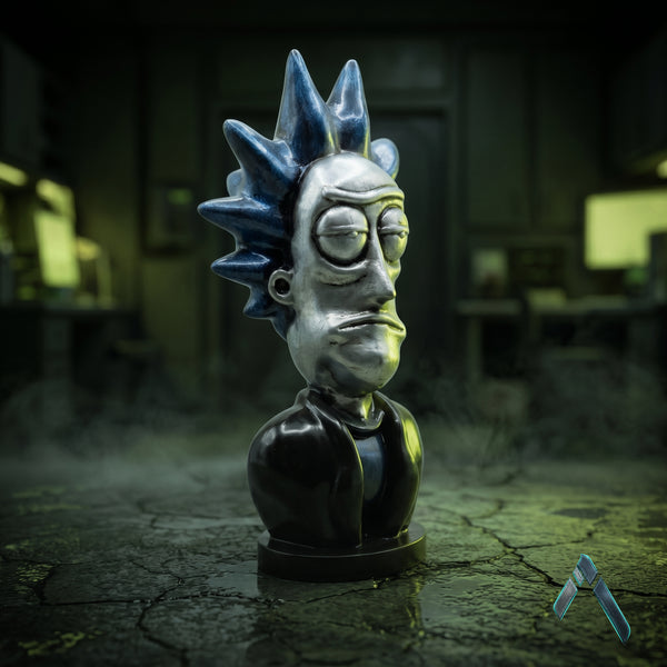 Rick Sanchez Bust Sculpture | Chrome Silver & Blue | Rick and Morty Collectible