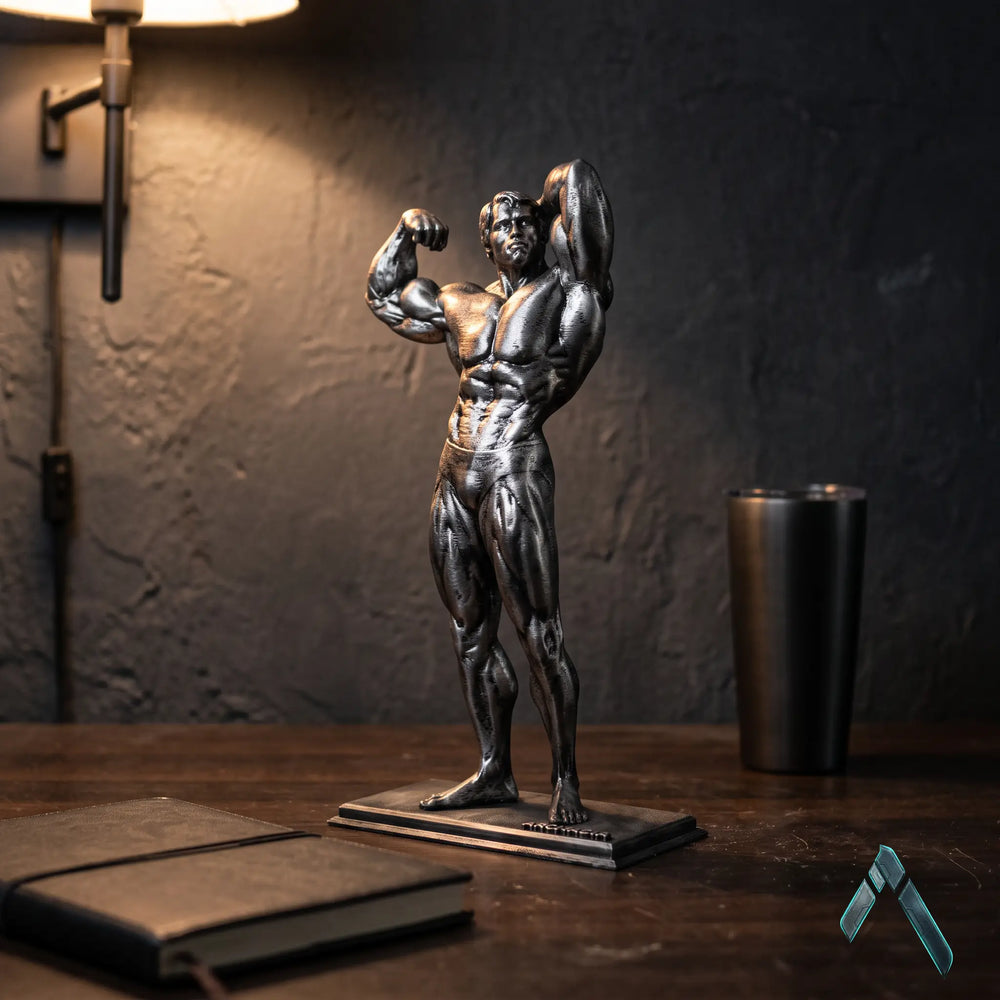 Arnold Classic Double Bicep Pose Sculpture | Dark Charcoal Gloss | Bodybuilder Collectible