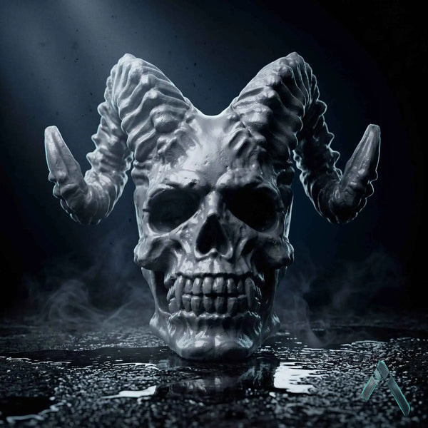 Demon Skull with Ram Horns Sculpture | Blood Splatter Finish | Dark Horror Collectible