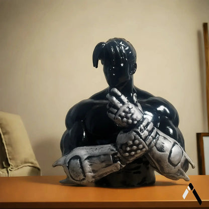 Jin Kazama Tekken Bust Sculpture Black Gloss Silver Gauntlets | Archadia