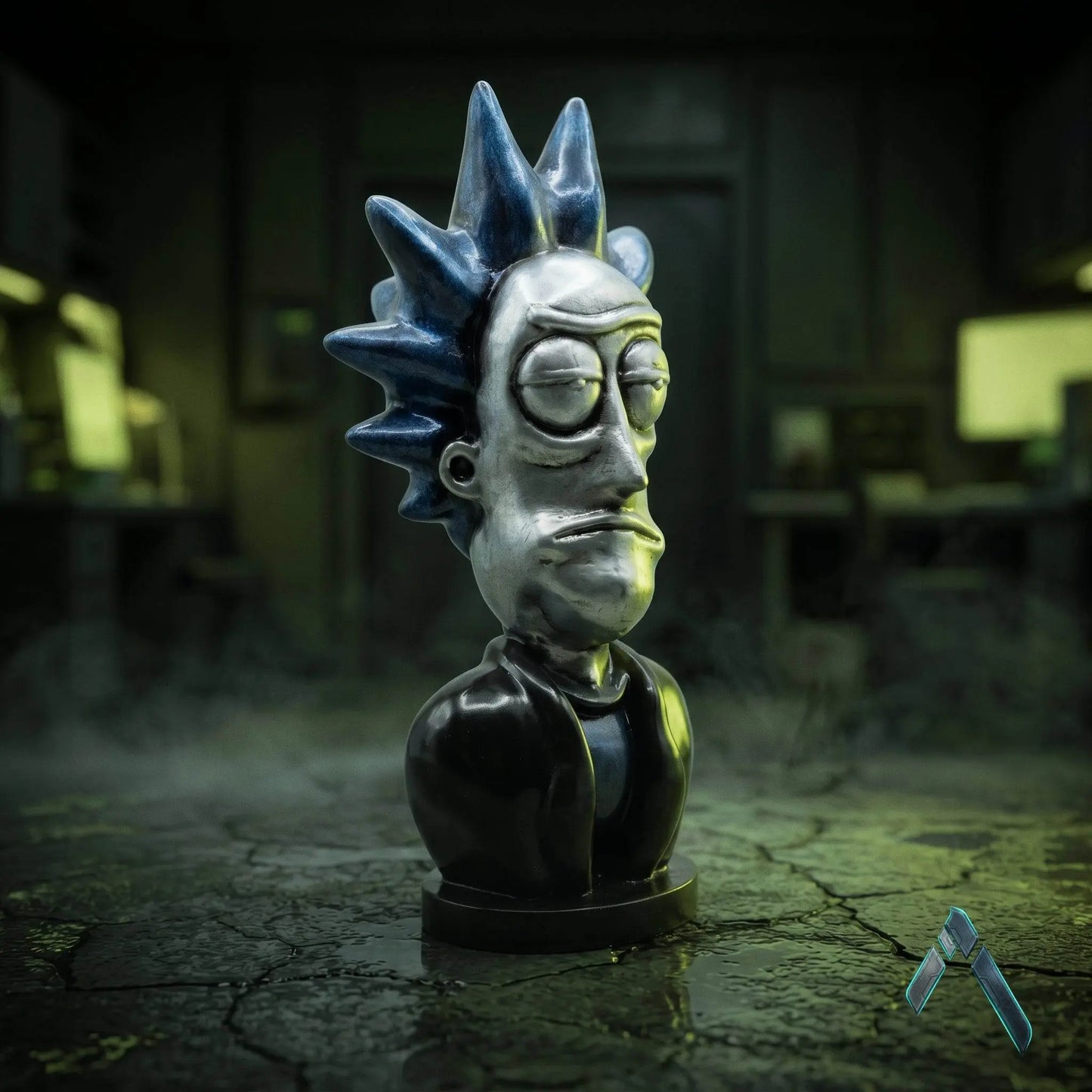Rick Sanchez Bust Sculpture | Chrome Silver & Blue | Rick and Morty Collectible