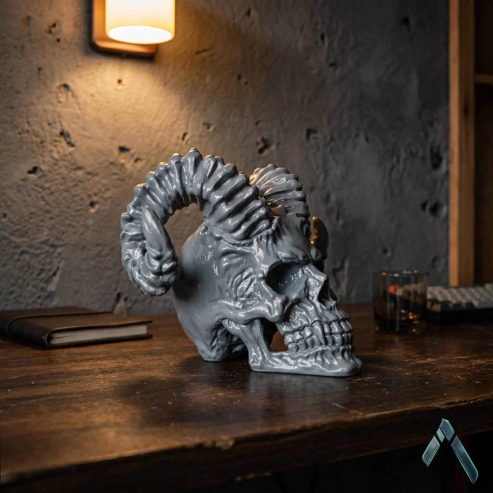 Demon Skull with Ram Horns Sculpture | Blood Splatter Finish | Dark Horror Collectible