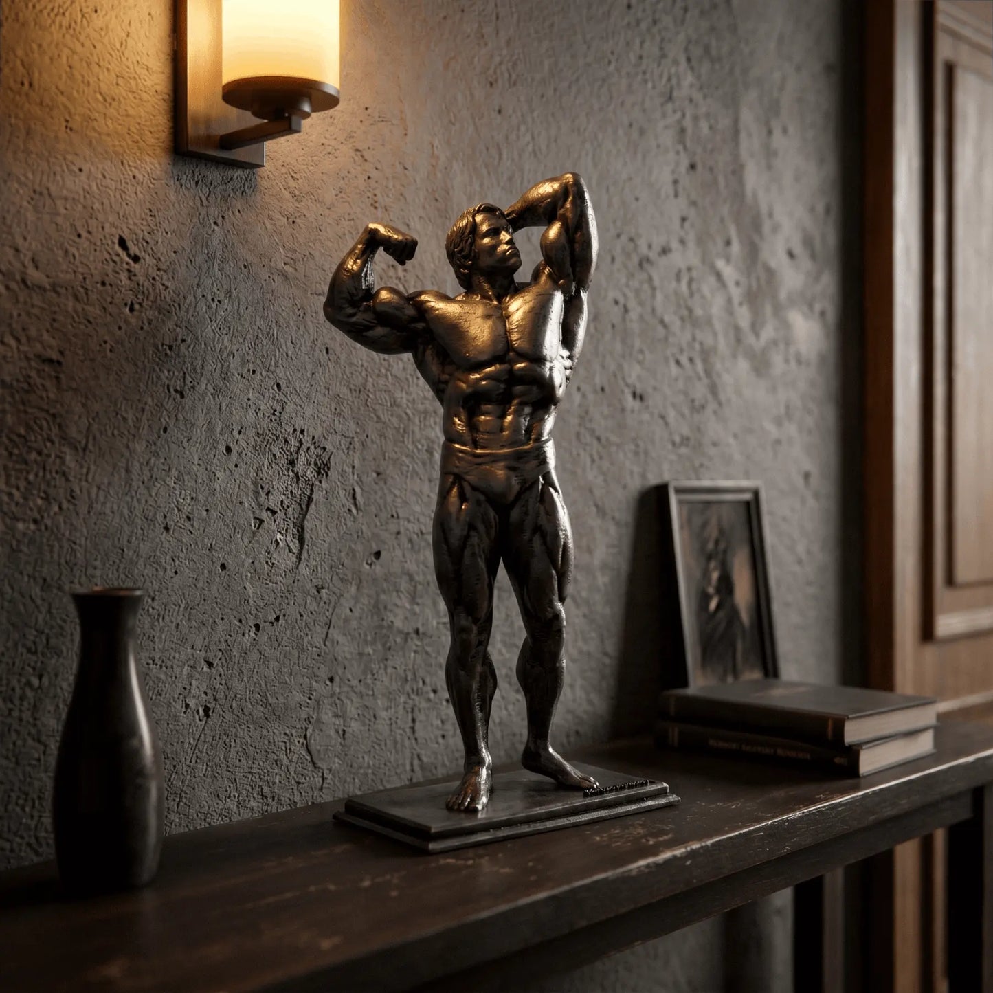 Arnold Classic Double Bicep Pose Sculpture | Dark Charcoal Gloss | Bodybuilder Collectible