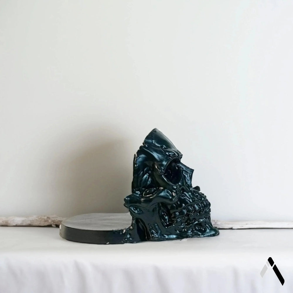 Skull Sculpture Teal Gloss Melted Texture Gothic Desk Art | Archadia